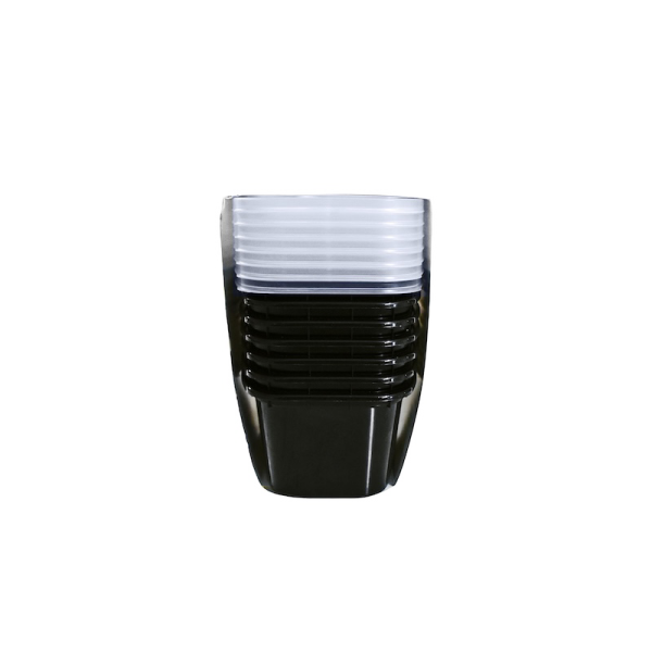 A stack of 16oz Deli/Snack black plastic cups is placed on a plain white background.