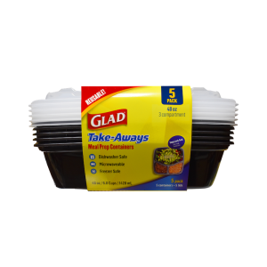 A stack of Glad 48oz Square, 3-Compartment meal prep containers in black with clear lids—dishwasher, microwave, and freezer safe; five containers per pack.