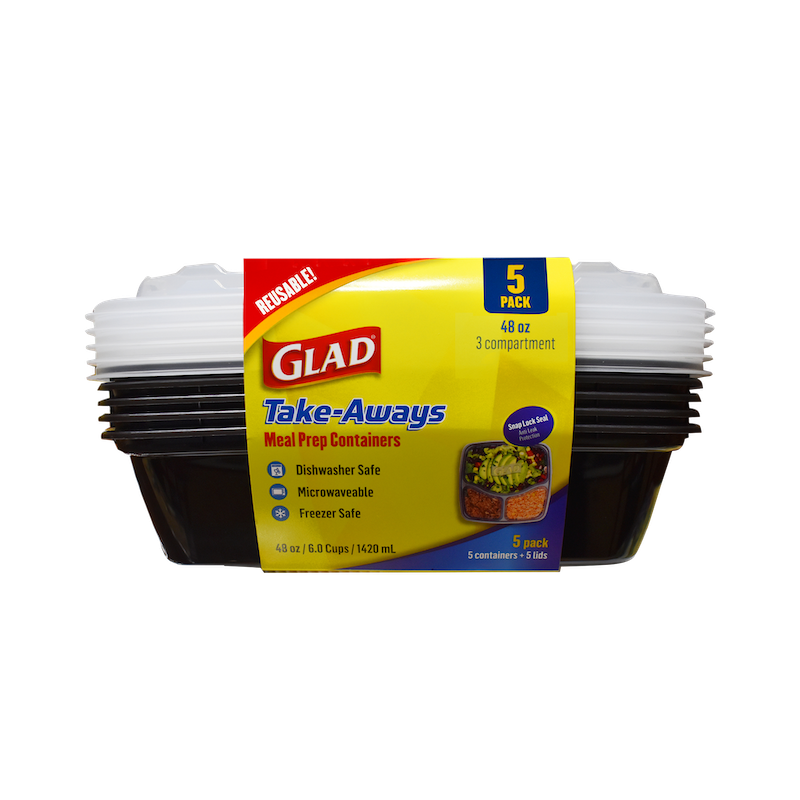 A stack of Glad 48oz Square, 3-Compartment meal prep containers in black with clear lids—dishwasher, microwave, and freezer safe; five containers per pack.
