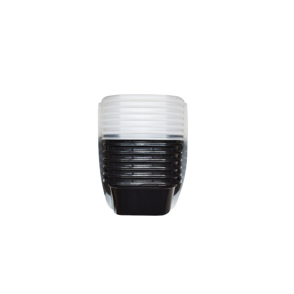 A stack of 12oz Deli/Snack black and transparent plastic cups arranged neatly against a plain white background.