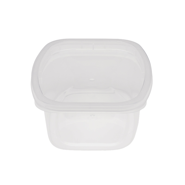 A top view of the 12oz Deli shows a clear, empty square plastic food container with a wide opening, set against a white background.
