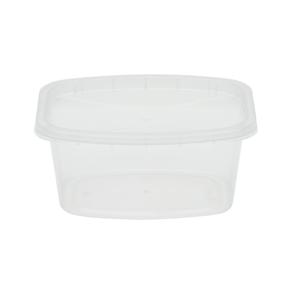 A 16oz Deli clear plastic food container with lid, shown empty against a plain white background.