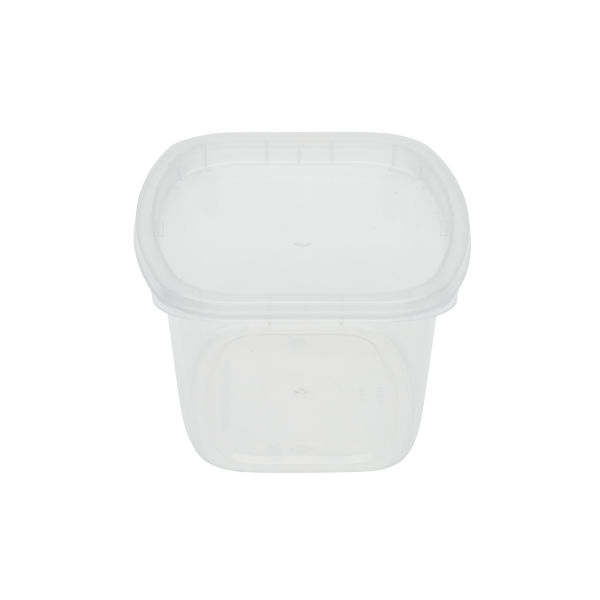 A 16oz Deli clear, empty, square plastic food storage container with a snap-on lid is displayed on a plain white background.