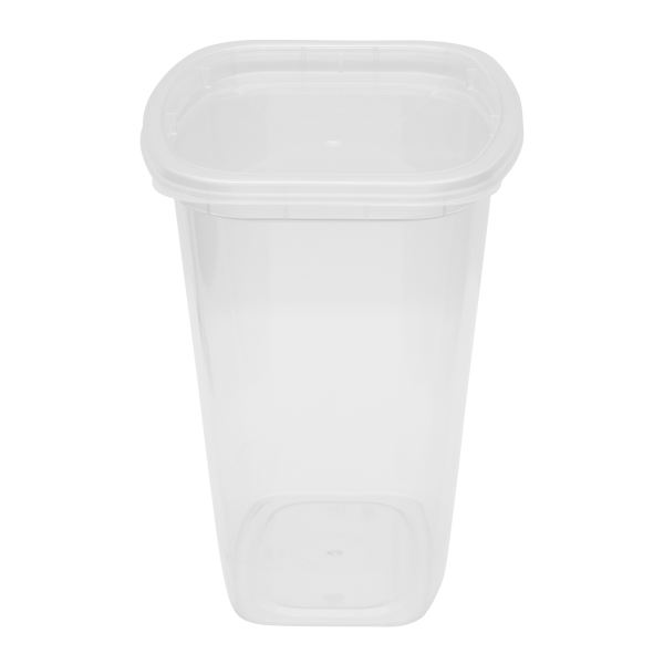 A clear, empty 32oz Deli rectangular plastic food storage container with a fitted lid, viewed from above against a white background.