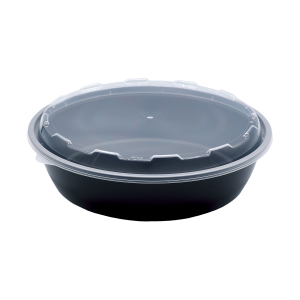 The 48oz Round is a black plastic food container with a clear lid, displayed against a plain white background.