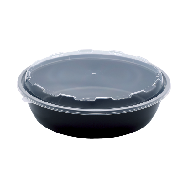 The 48oz Round is a black plastic food container with a clear lid, displayed against a plain white background.